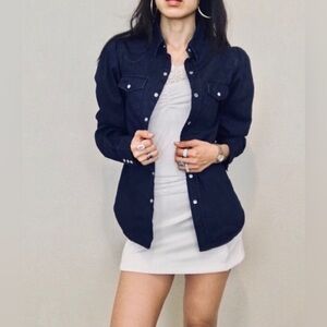 Torn by Ronny Kobo Denim Puff Sleeve Button Down in Dark Wash - Size S